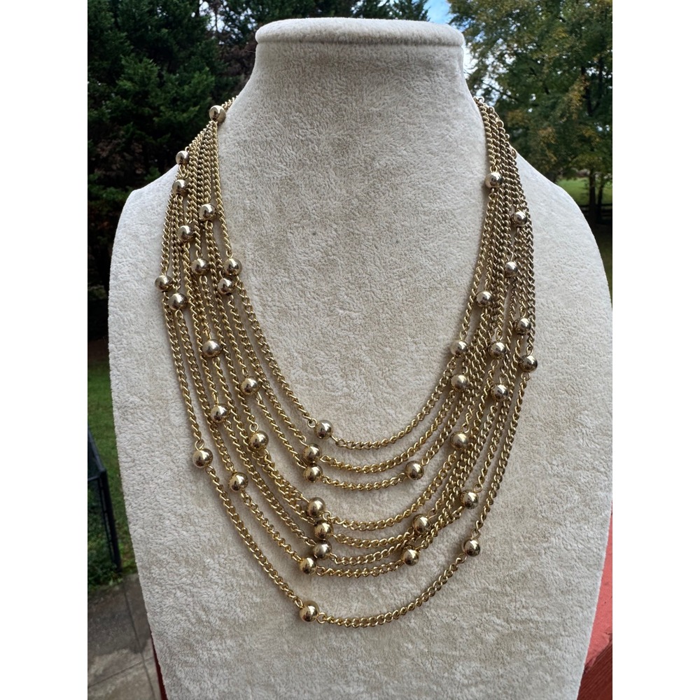 Vintage Kramer Gold Tone Multi Strand Bib Necklace 7 Tier Chain Sphere Accent